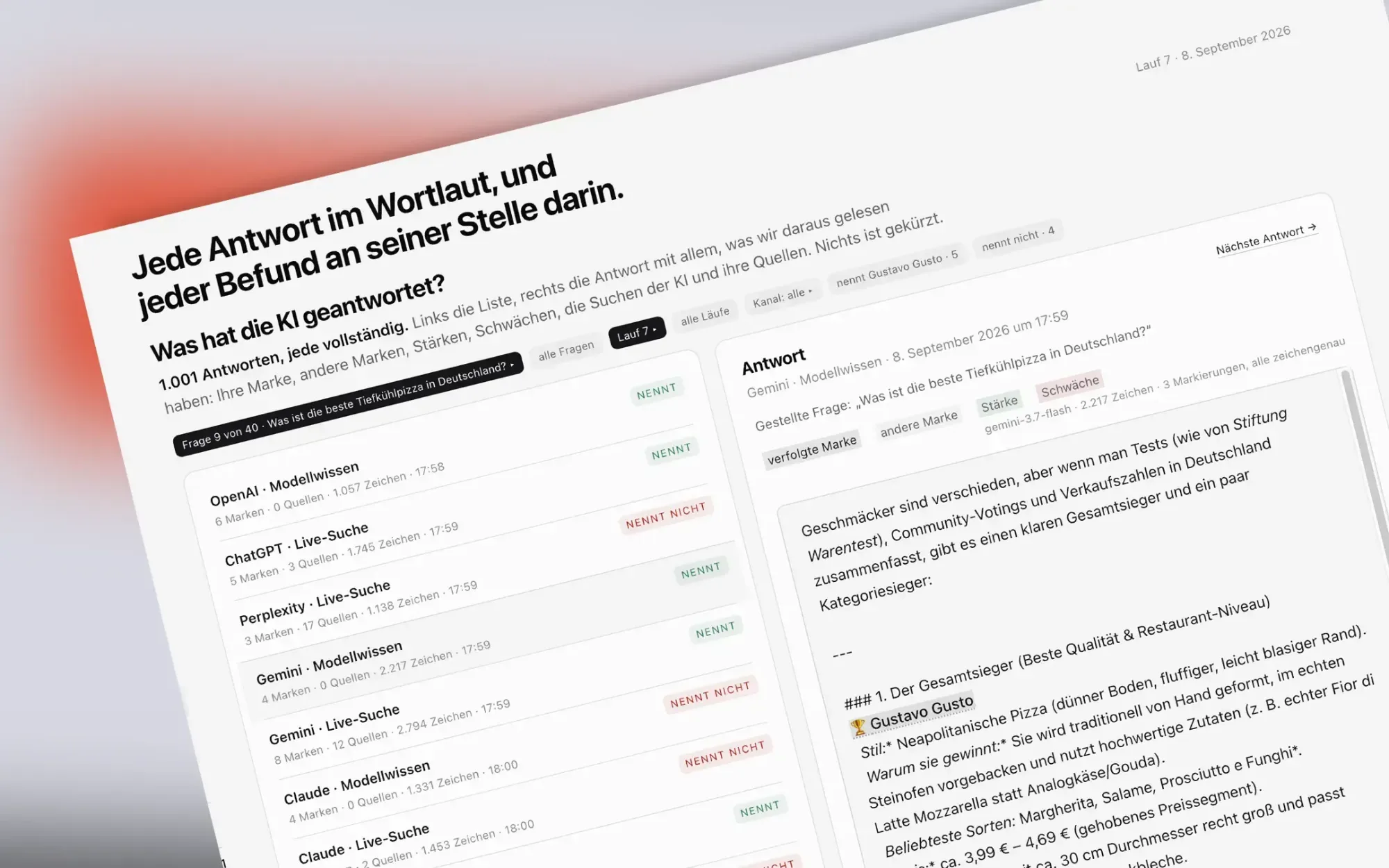 Antworten: jede KI-Antwort im Wortlaut, links die Liste je System, rechts die Antwort mit markierten Textstellen