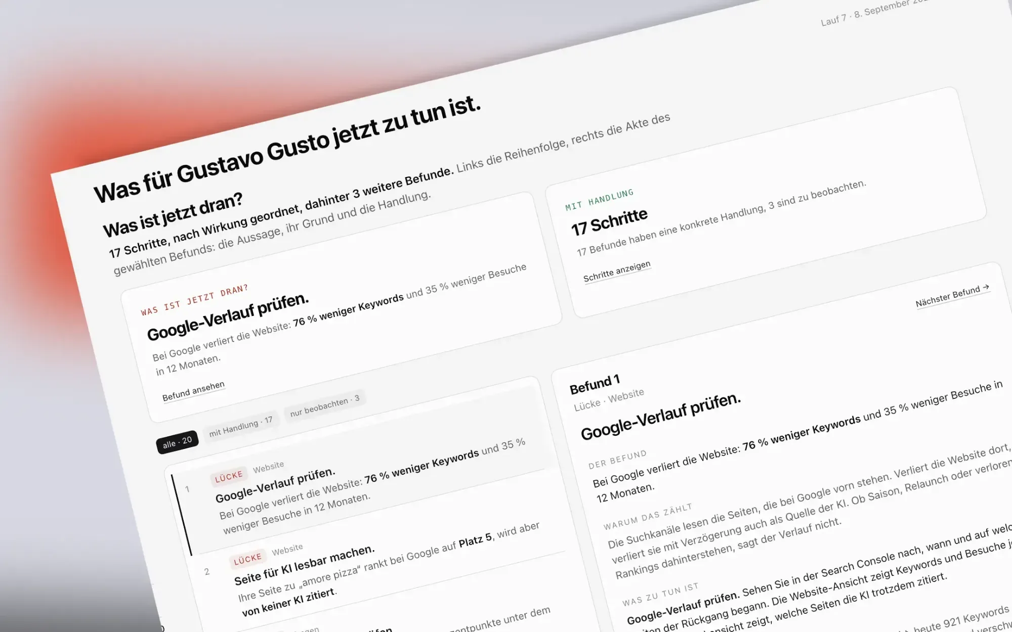 Nächste Schritte: die Befunde nach Wirkung geordnet, rechts die Akte mit Grund und Handlung