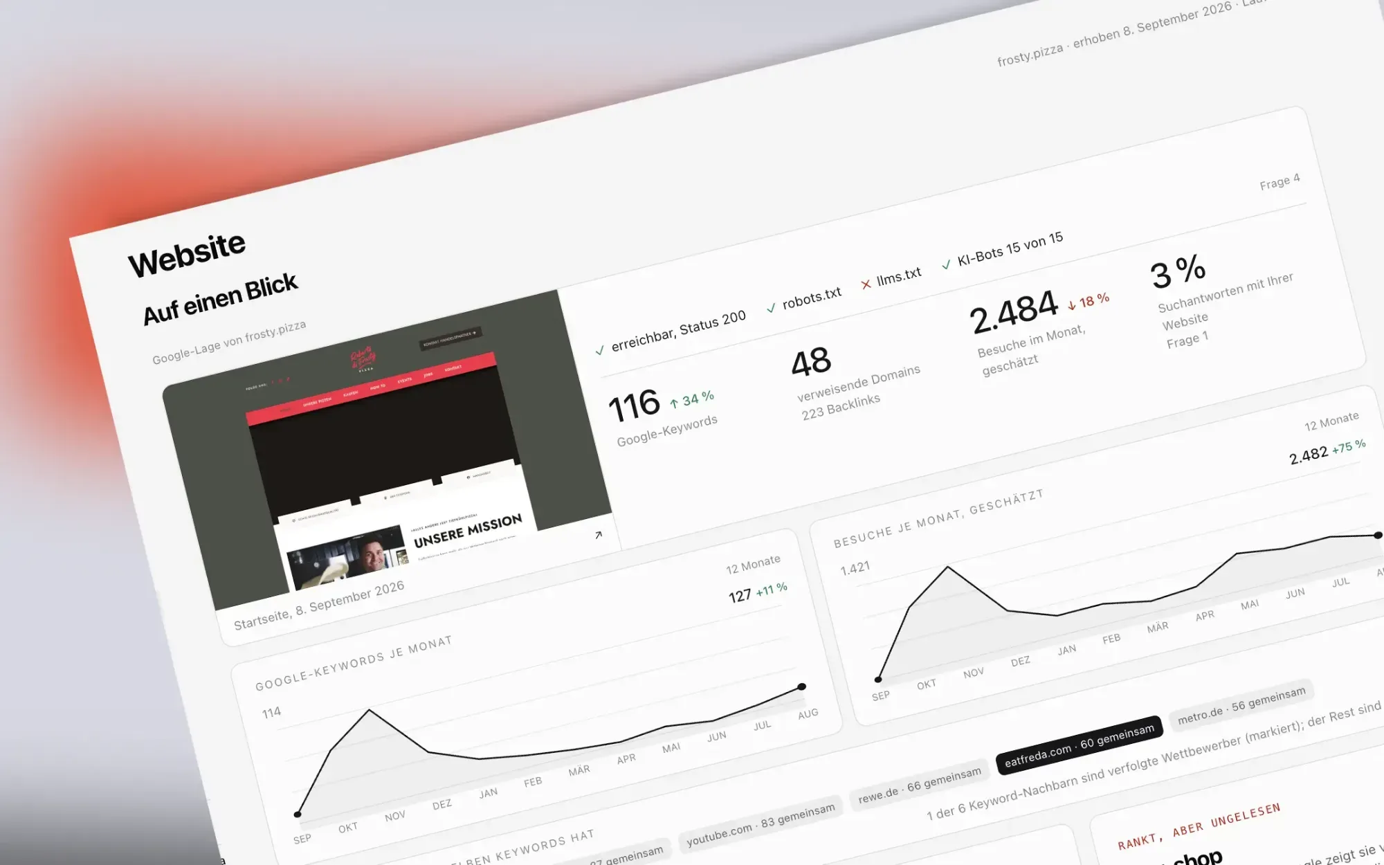 Website: Google-Lage, Keywords und Besuche je Monat, KI-Zugang und die Seiten, die ranken, aber ungelesen bleiben